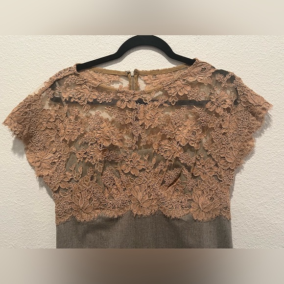 Shannon McLean Tan Gray Flannel Cocktail Dress Lace Bodice Cap Sleeve Size M - Picture 7 of 10